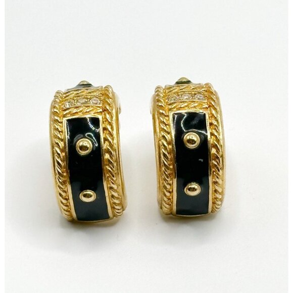 Swarovski Swan Signed Pierced Earrings Black Enamel Clear Crystal Half Hoop - Picture 2 of 5